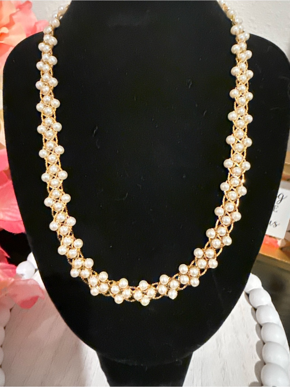 Vintage Napier Faux Pearl Statement Necklace Gold Tone Mesh Design - Picture 2 of 5